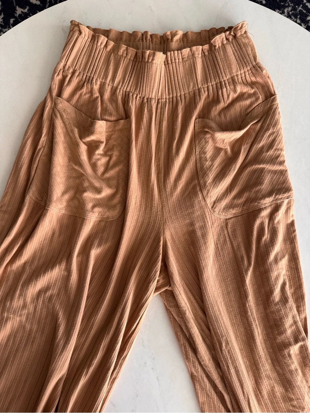 Free People Women's Brown Ribbed Cotton Wide-Leg High Rise Pull On Pants S